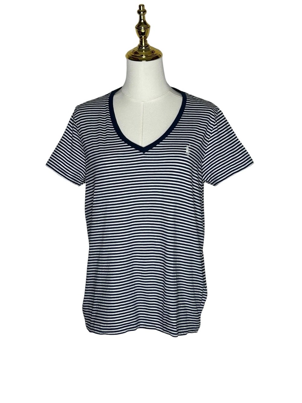 Polo Ralph Lauren Preppy Navy & White Striped V-Neck French Girl Tee Sz L EUC